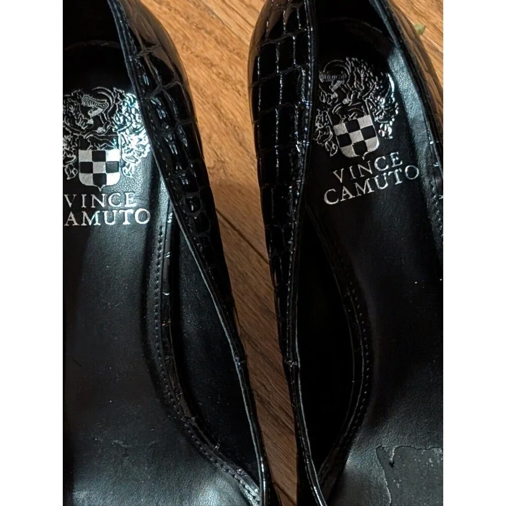 Vince Camuto Black Croc Embossed Leather Pointed Toe Block Heel Pumps Size 9M